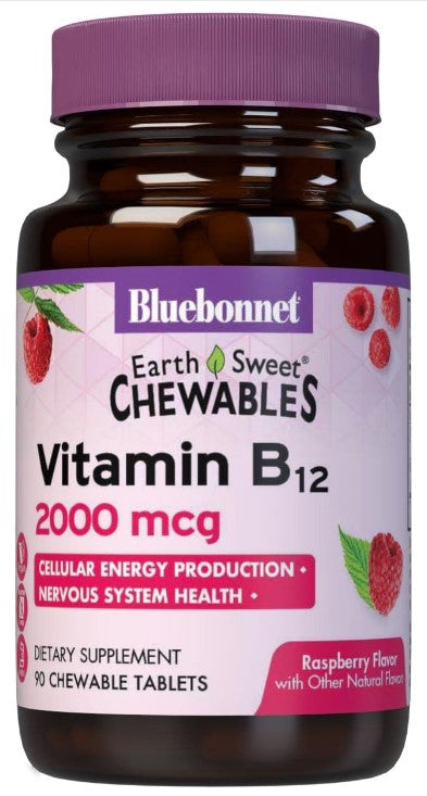 EarthSweet Chewables, Vitamin B12, Raspberry , 2,000 mcg, 90 Chewable Tablets, by Bluebonnet