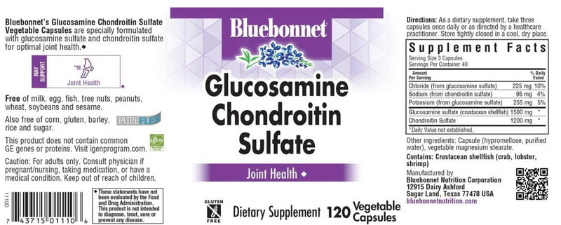 Glucosamine Chondroitin Sulfate 120 Vegetables Capsules, by Bluebonnet