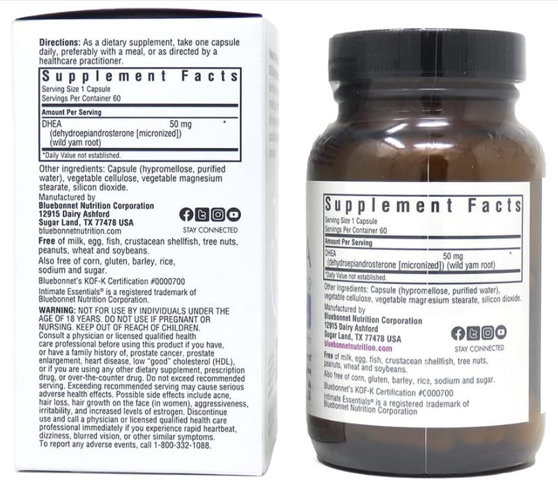 Intimate Essentials DHEA 50mg 60 Vegetable Capsules, by Bluebonnet