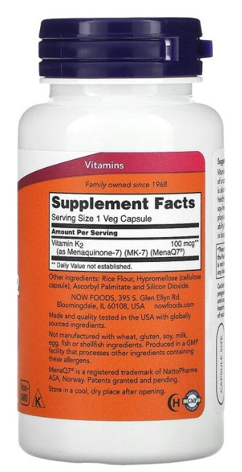 MK-7 Vitamin K-2, 100 mcg, 120 Veg Capsules, by NOW