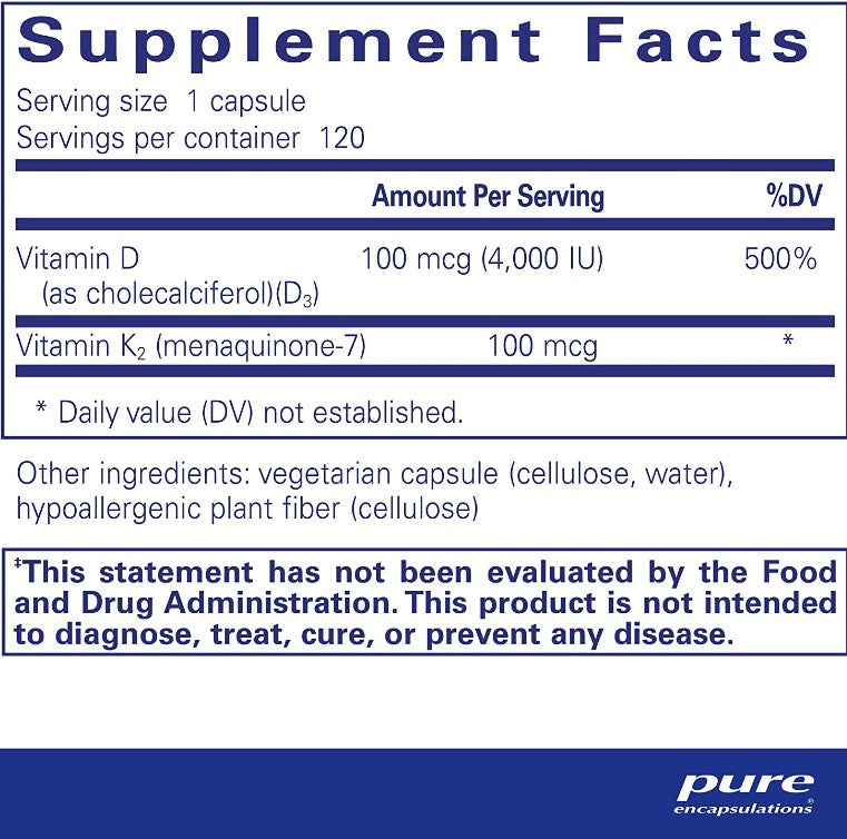 Vitamin D3 & K2, 4000 IU/100 mcg, 120 Capsules, by Pure Encapsulations