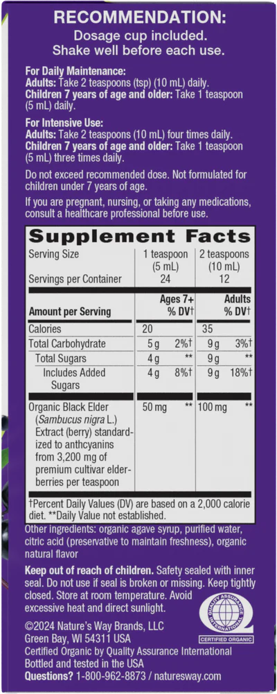 Organic Elderberry Sambucus Syrup 120 ml (4 fl oz)