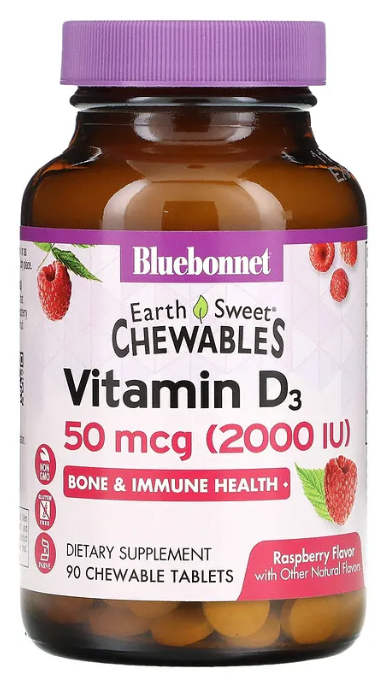 EarthSweet Chewables, Vitamin D3, 2,000 IU, 90 Raspberry Chewable Tablets, by Bluebonnet