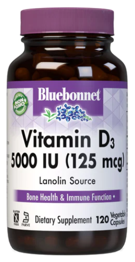 Vitamin D3, 125 mcg (5,000 IU), 120 Vegetable Capsule, by Bluebonnet