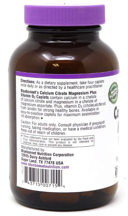 Calcium Citrate Magnesium Vitamin D3, 90 Caplets, by Bluebonnet