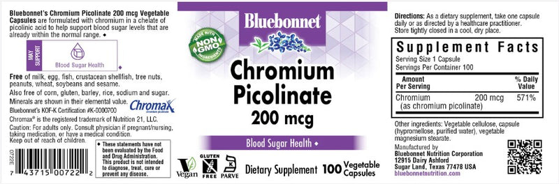 Chromium Picolinate 200 mcg, 100 Vegetable Capsules, by Bluebonnet