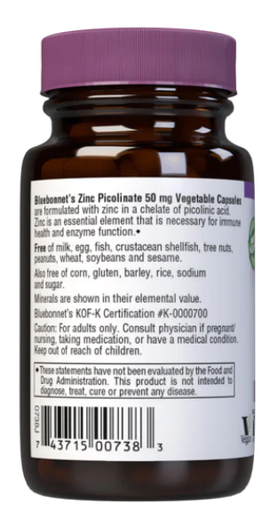 Zinc Picolinate, 50 mg, 50 Vegetable Capsules, by Bluebonnet