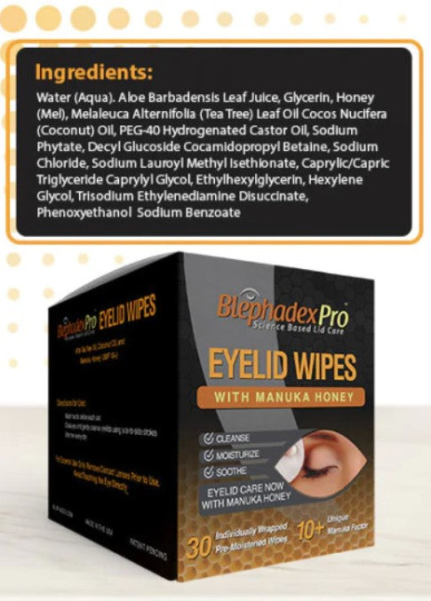 Blephadex Pro, 30 Cleansing Eyelid Wipes with Manuka Honey, by Lunovus