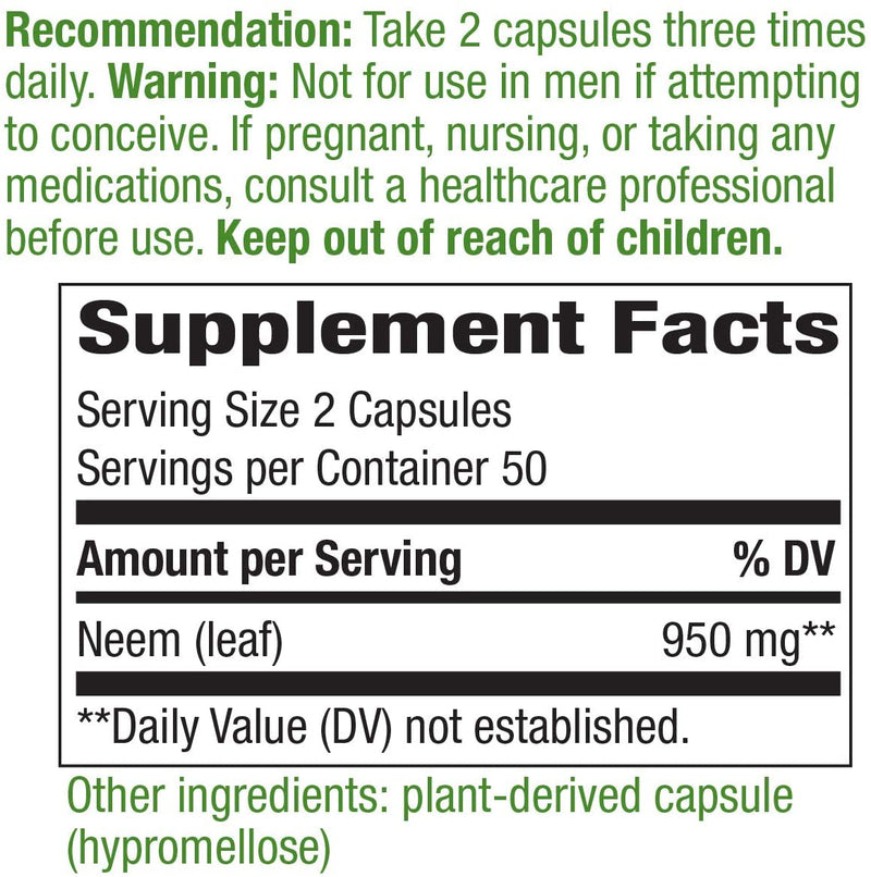 Neem Leaf 475 mg 100 Vegetarian Capsules