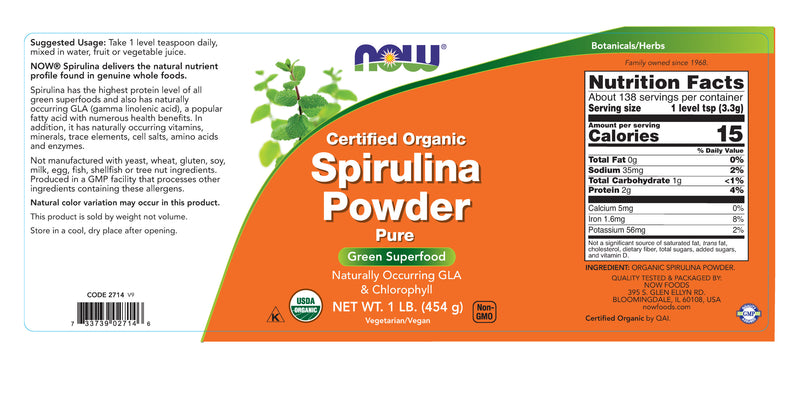 Spirulina Powder Certified Organic 1 lb (454 g) | By Now Foods - Best Price