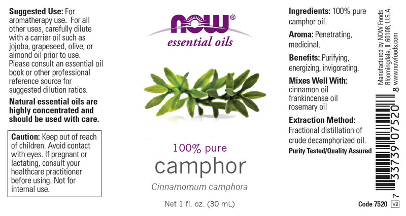 NOW Essential Oils, Camphor Oil, Camphorous Aromatherapy Scent, 100% Pure and Purity Tested, Vegan, Child Resistant Cap, 1-Ounce