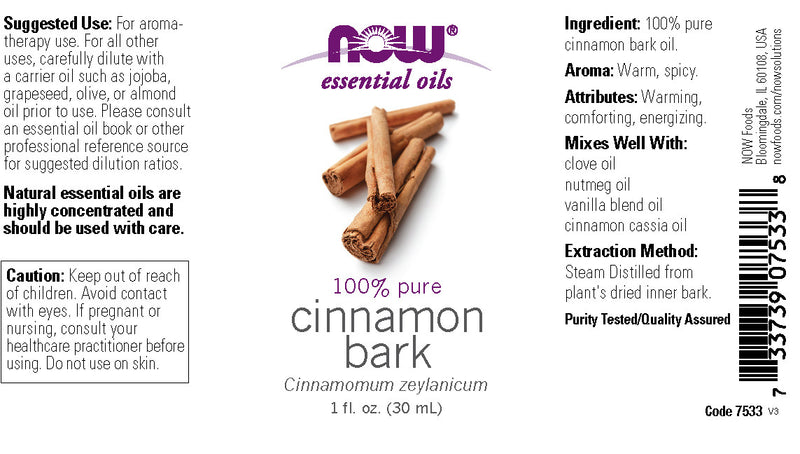 NOW Essential Oils, Cinnamon Bark Oil, Warming Aromatherapy Scent, Steam Distilled, 100% Pure, Vegan, Child Resistant Cap, 1-Ounce