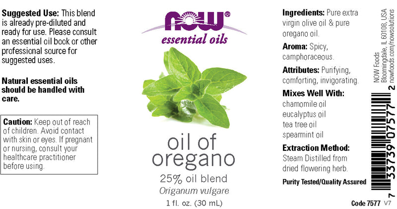 NOW Essential Oils, Oil of Oregano, 25% Blend of Pure Oregano Oil in Pure Olive Oil, Comforting Aromatherapy Scent, Steam Distilled, Vegan, Child Resistant Cap, 1-Ounce